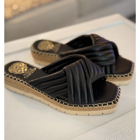 Vince Camuto Espadrille Slides Sz 6 Padded Black Sandals Summer Comfort Casual - Picture 2 of 11
